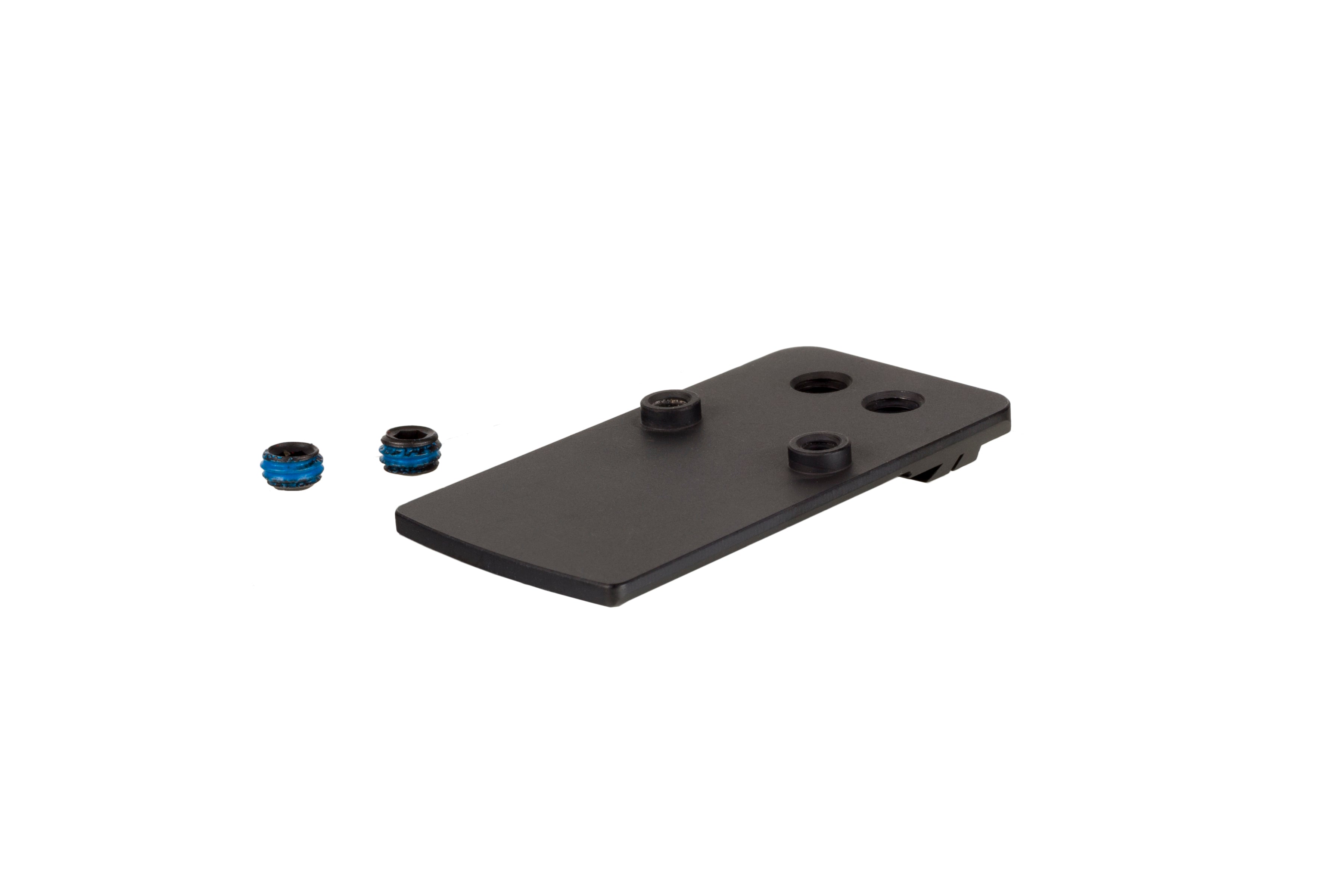 Trijicon RMRcc pistol dovetail mount base with screws, designed to replace rear sight for optimal optics mounting.
